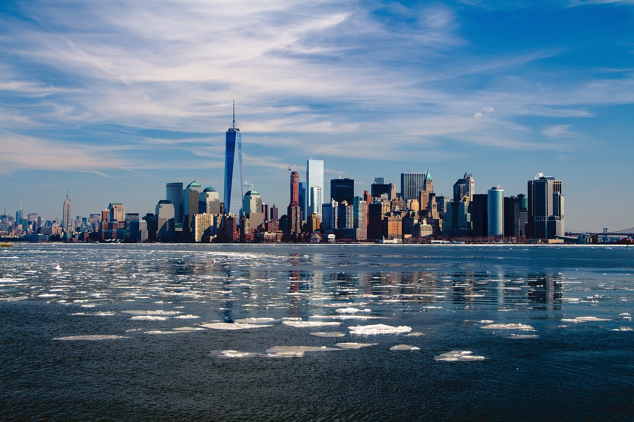 buildings, river, city